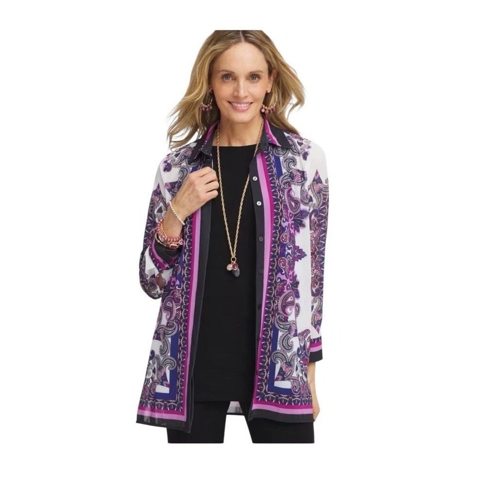 Chicos Travelers Size 3 US XL Mesh Shirt Jacket Dressy Paisley Summer Blouse NWT